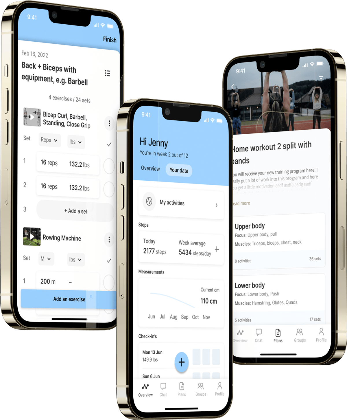 The coaching app showing a workout plan, progress tracking and check-ins