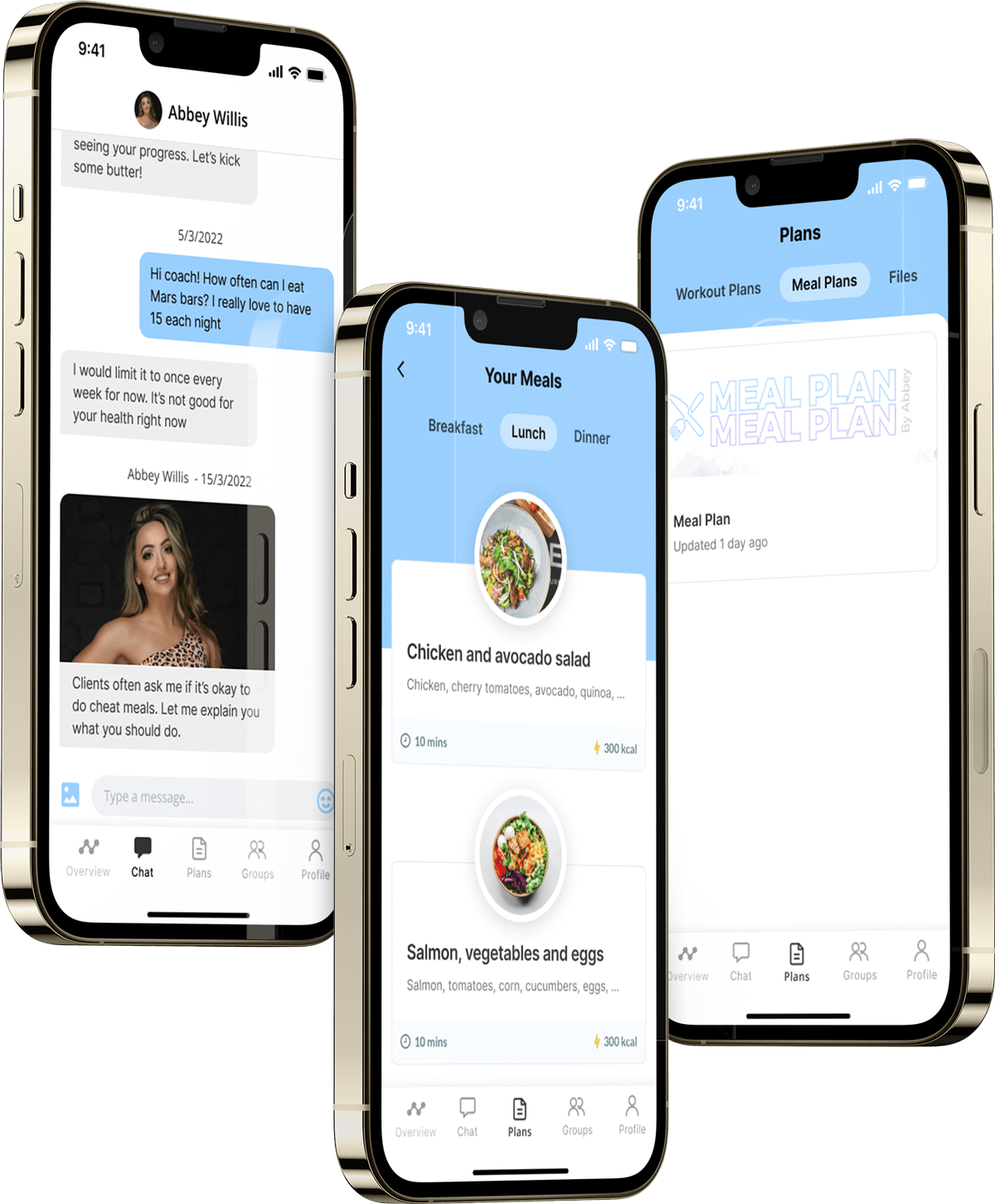 The coaching app showing chat with your coach and your meal plan